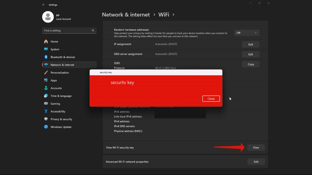 A screen of the wifi password reveal option in Windows 11