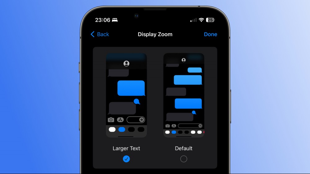 A screenshot of an iPhone against a blue gradient background, showing the Display Zoom settings page with the Larger Text option enabled.