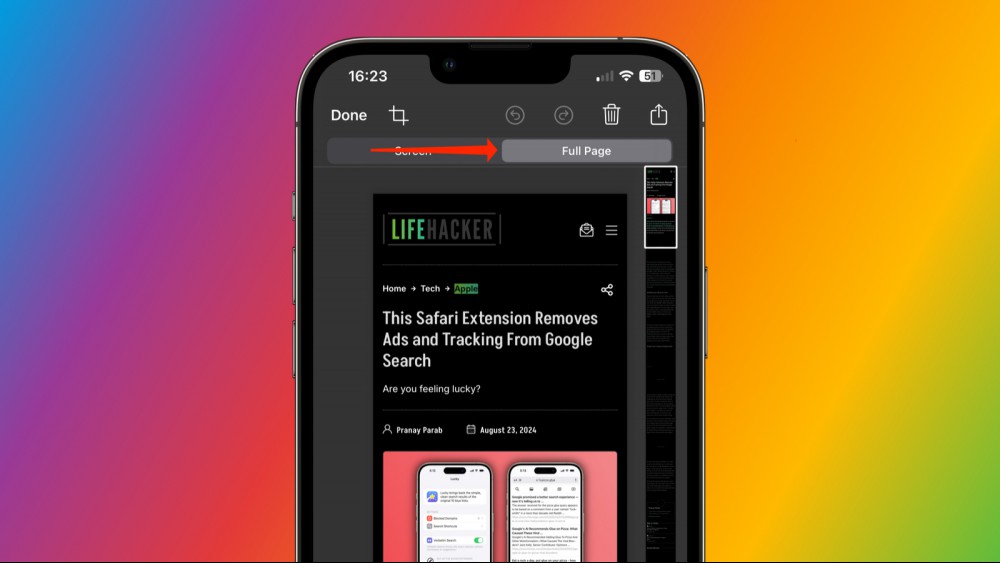 An iPhone against a rainbow background with the screenshot editor open and an arrow pointing to the Full Page screenshot feature.
