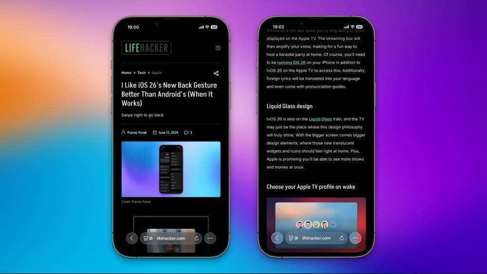 Lifehacker's website open on two iPhones, showing Safari's compact layout.