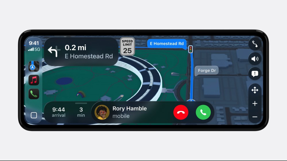 A car head unit showing an incoming call in a small popover near the bottom of the screen, overlaid on a navigation screen.