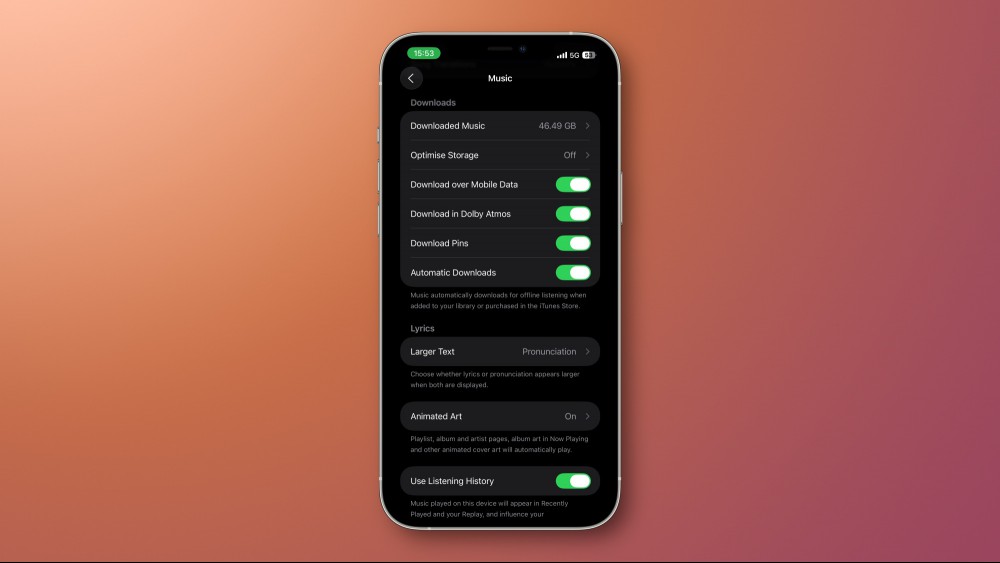 Settings for Apple Music in iOS 26 showing the Download Pins button.