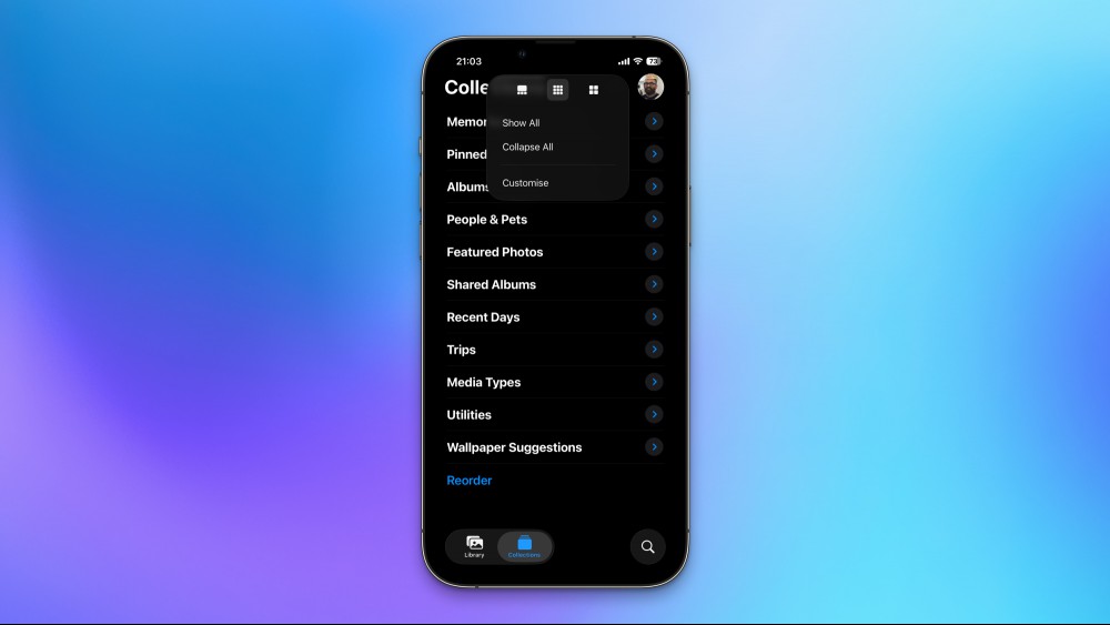 The iOS 26 Photos app with the Collections tab open.