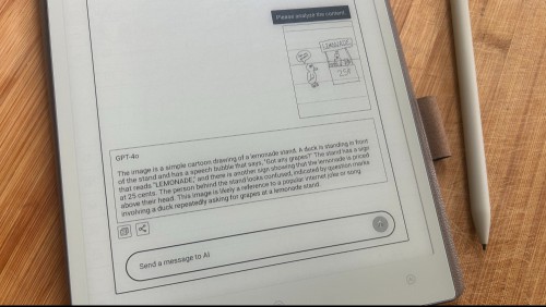 A photo showing the ChatGPT integration; the LLM is analyzing a picture I drew of the "duck went up to a lemonade stand" meme