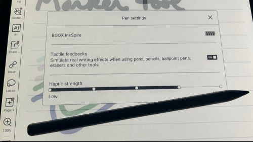 The haptic feedback menu for the stylus