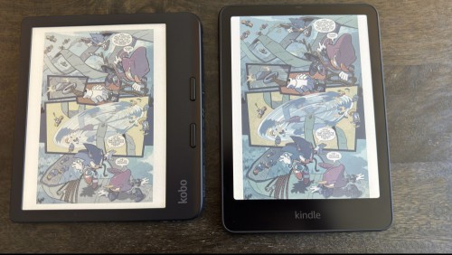 A 'Sonic the Hedgehog' comic on the Kobo Libra Colour (left) and Kindle Colorsoft (right).