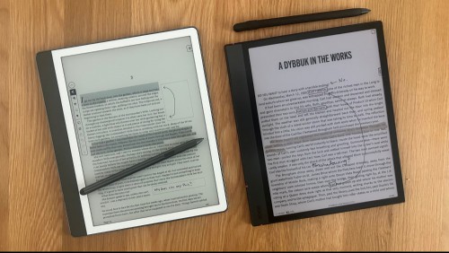The Kindle Scribe next to the Boox Note Air 4C showing different writing capabilities