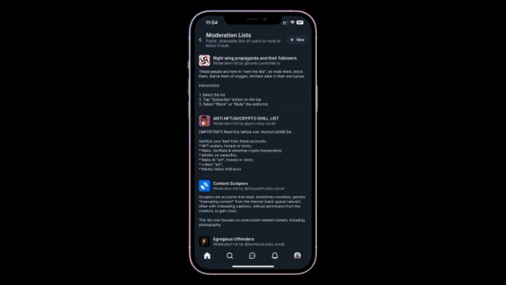 a screenshot of moderation lists on bluesky