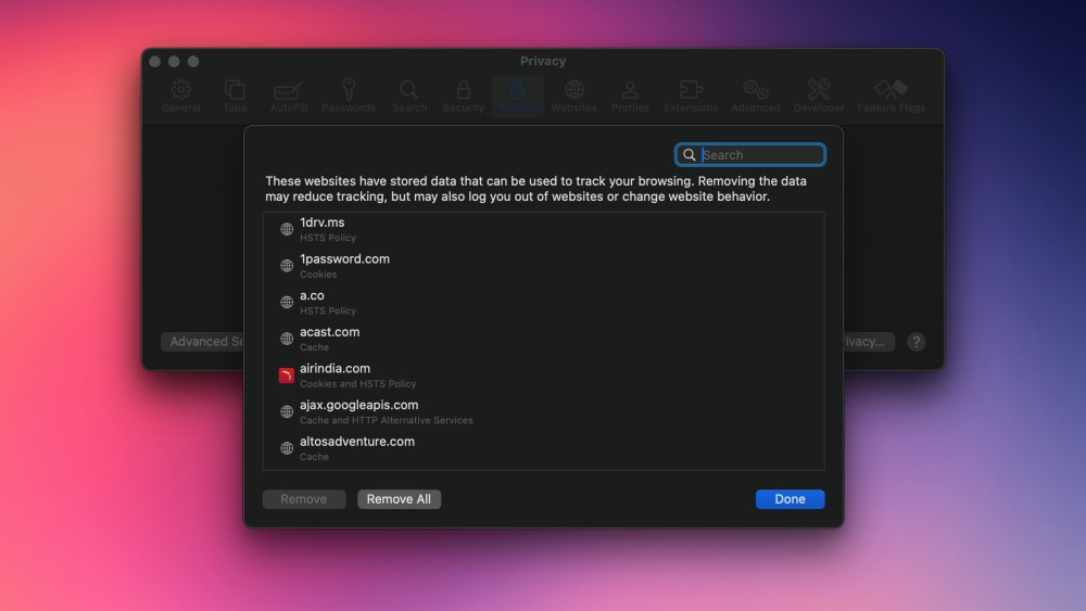 Clearing website data in Safari for Mac.