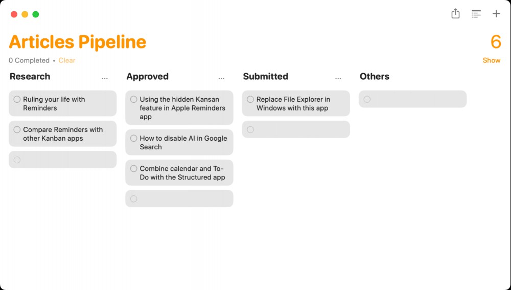 Tasks as kanban view in Reminders app on Mac.
