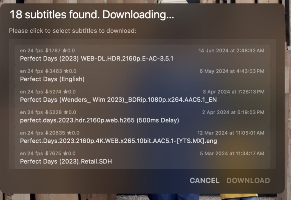 Subtitles downloader in IINA.