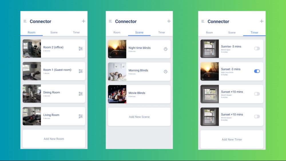 The device, scenes, and timer options on the app.