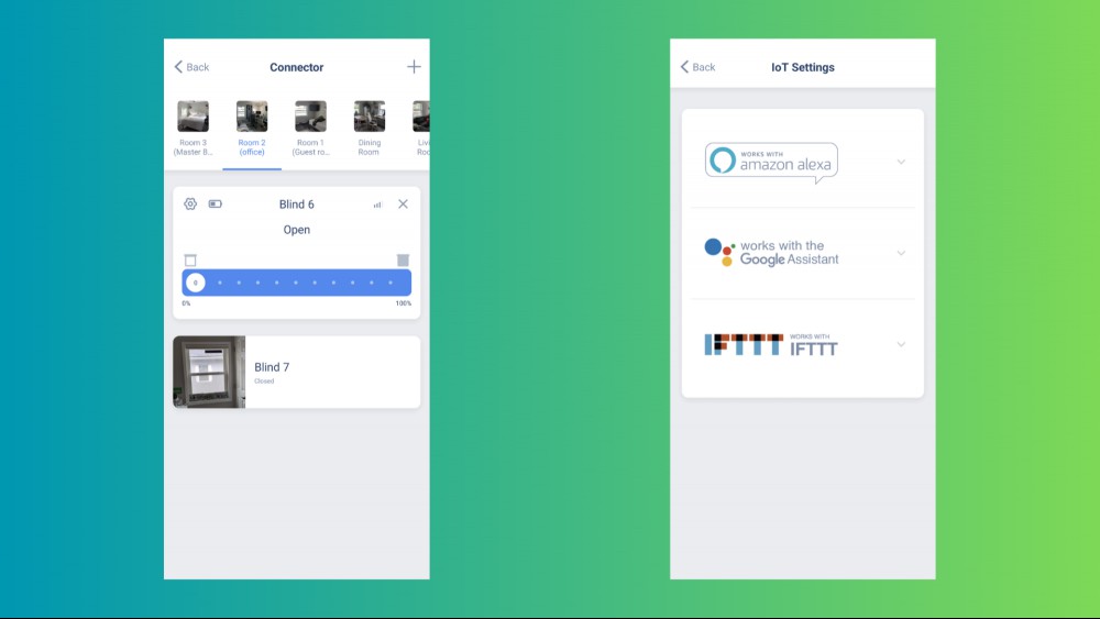 How the connector app looks once you set up your blinds and the IoT Settings.