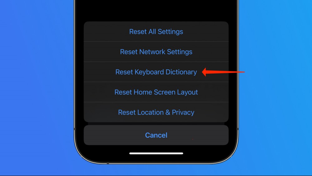 A screenshot of the reset keyboard dictionary option on the iPhone