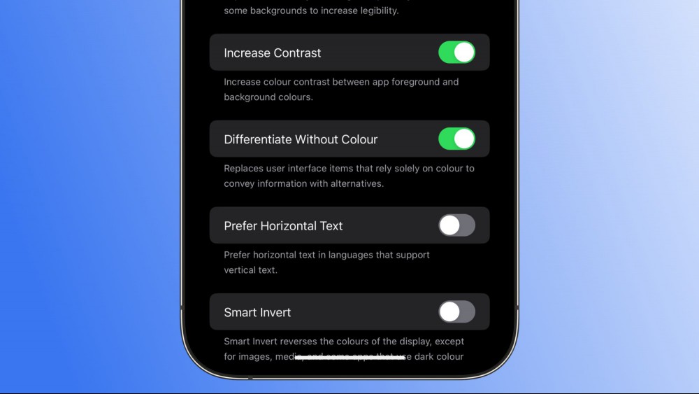 A screenshot of an iPhone against a blue gradient background, showing the Increase Contrast and Differentiate Without Color option enabled in Display & Text Size accessibility settings.
