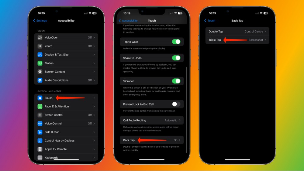 Three iPhones against a rainbow background, showing how to navigate to Settings > Accessibility > Touch > Back Tap.