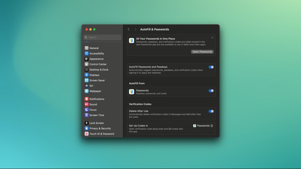 AutoFill settings for Apple Passwords on a Mac.