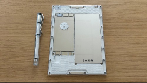 A photo of theback of the Supernote Nomad, with a clear back cover that makes the interior components visible