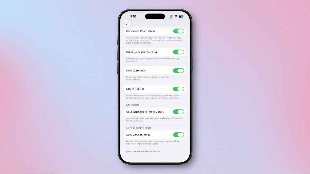 Lens Cleaning Hints on the Camera Settings page in iOS 26.