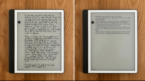 A side by side image of the Notebooks app showing a handwritten page of Neuromancer and an AI produced summary