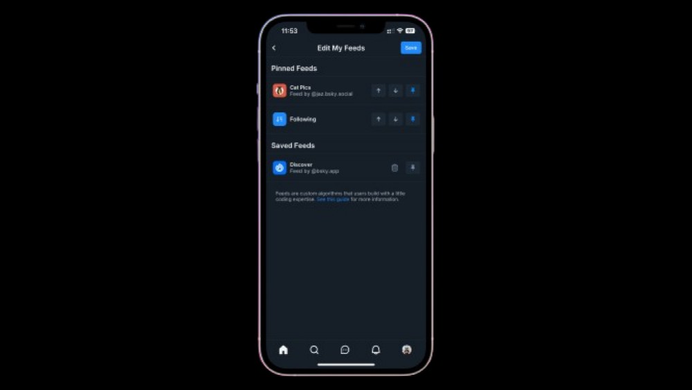 screenshot of custom feeds in Bluesky app
