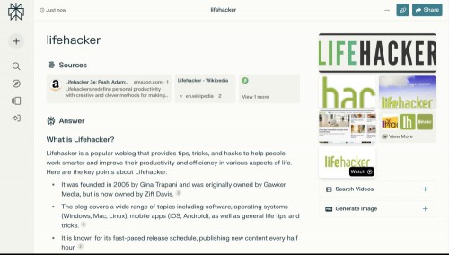 A Perplexity search for the word "Lifehacker"