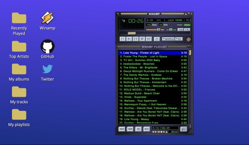 A screenshot that looks like Winamp but it's playing music from Spotify. Folders on the fake desktop in this web app allow you to browse your library.
