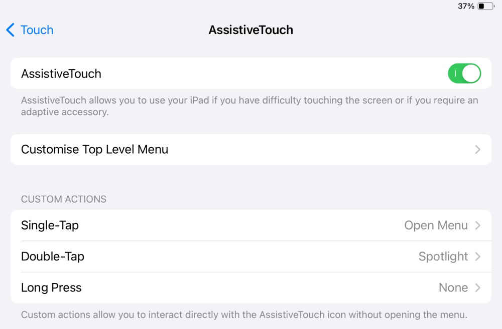 Enabling AssistiveTouch and customizing the menu.