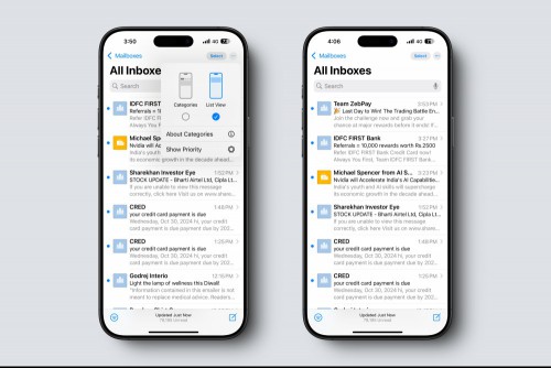 Disabling categories and switching back to List View in Mail app on iPhone.