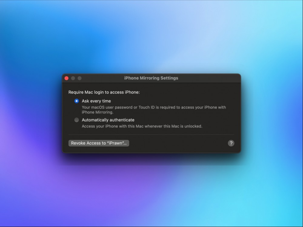 The iPhone Mirroring settings window which shows the option for automatic authentication.