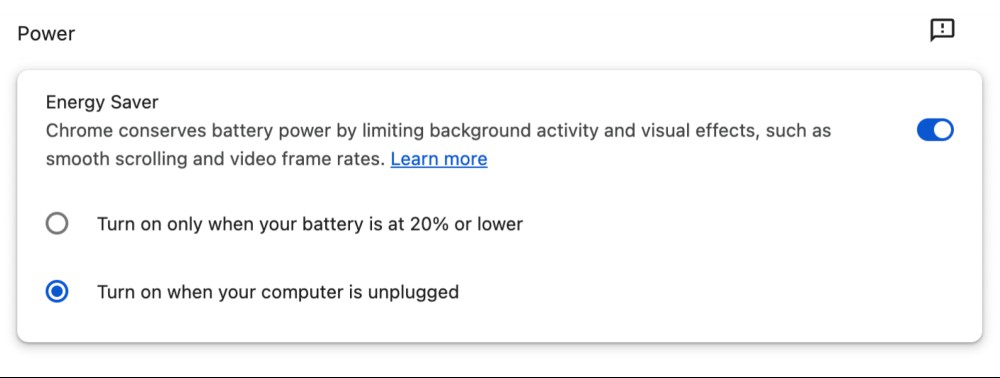 Energy Saver options in Chrome.
