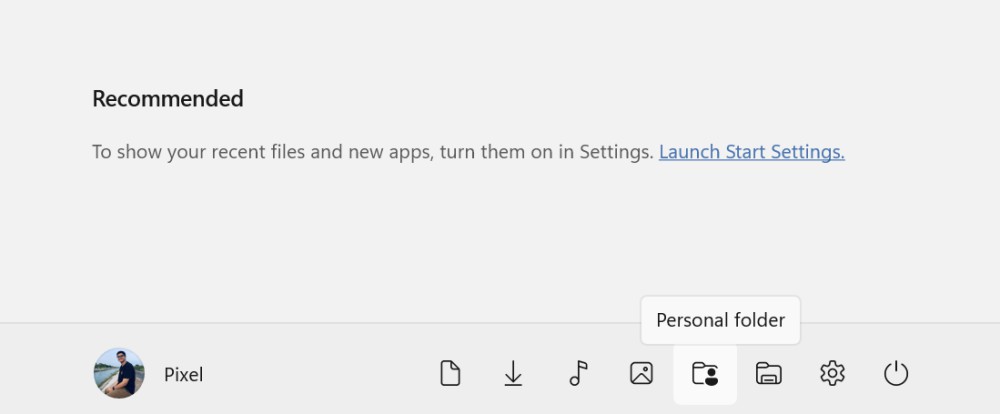 Quick access folders in Windows 11 Start menu.