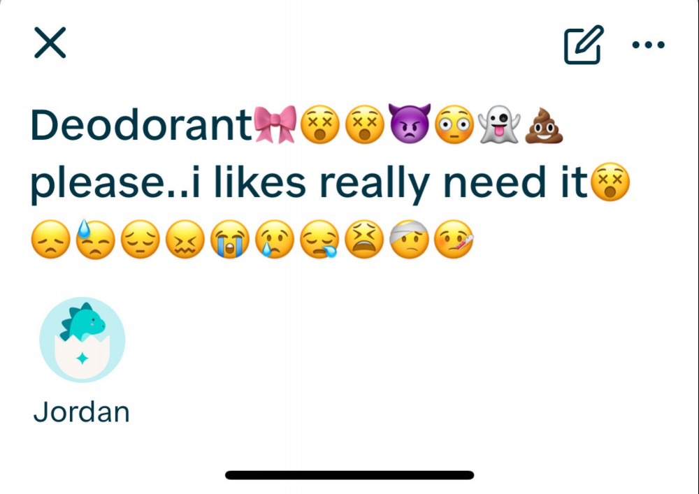 A to-do list screenshot that says "deodorant" and multiple emojis