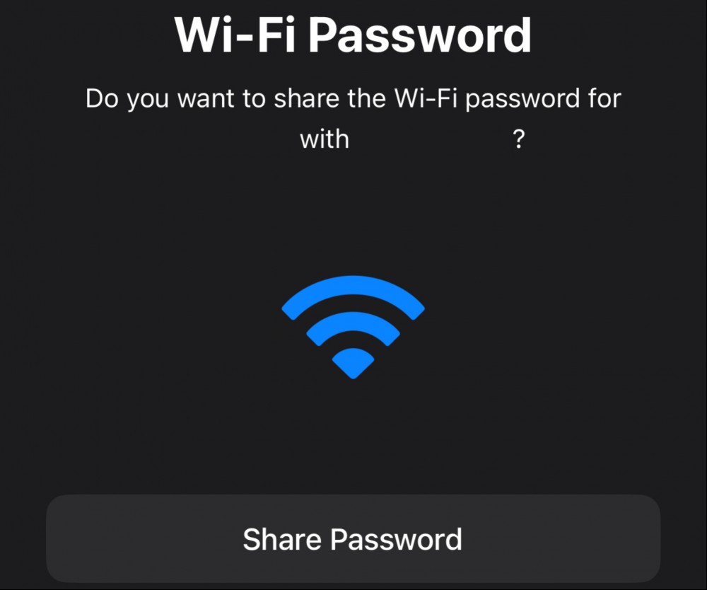 A screen of the wifi password share prompt on an iPhone