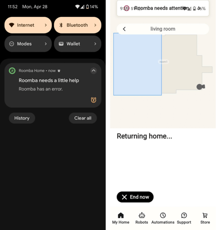 Roomba app misfires