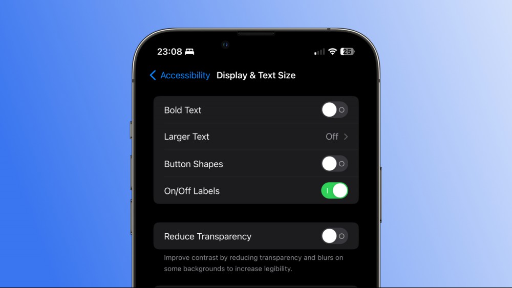 A screenshot of an iPhone against a blue gradient background, showing the Display & Text Size settings page, with the On/Off Labels option enabled.