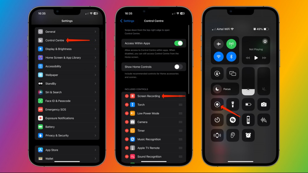 Three iPhones against a rainbow background, showing you how to go to Settings > Control Center > Screen Recording. The last screenshot shows the Screen Recording button in the Control Center.