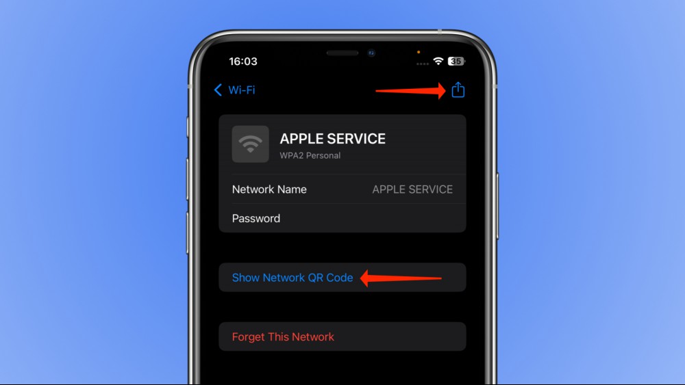 A saved wifi network in iOS 18's Passwords app. An arrow is pointing to the Show Network QR Code button and a second arrow is pointing towards the Share button in the top-right corner.
