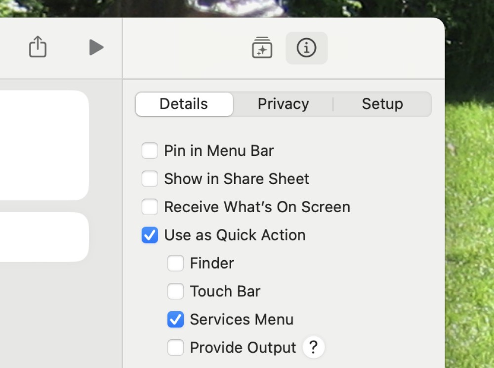 The right-panel of the Apple Shortcuts application, with various options for this specific shortcut. The "Use as Quick Action" option is checked, as is "Services Menu". 