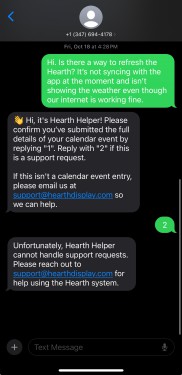 A screenshot of text messages with the Hearth Helper