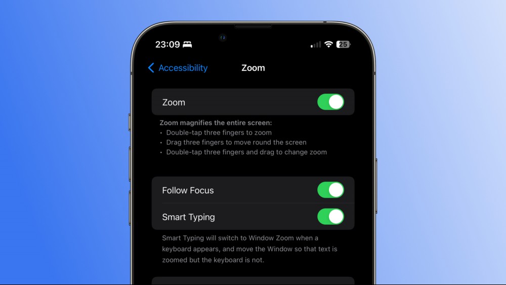 A screenshot of an iPhone against a blue gradient background, showing Accessibility Settings' Zoom page.