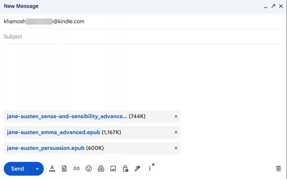 Sending an email with e-books and documents attached to Kindle email address.