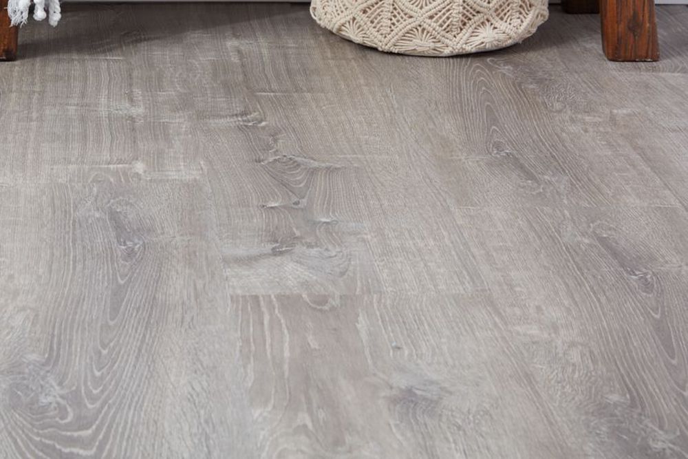 Gray wood vinyl flooring in kitchen
