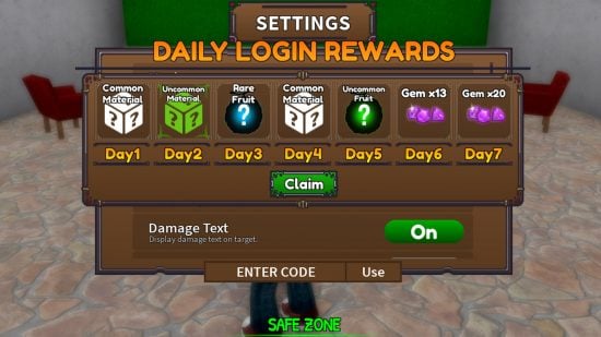 King Legacy Daily Login Rewards and Codes menu, showing the in-game 