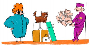 illustration of woman waiting with luggage and hotel porter having too many hands Italian expressions