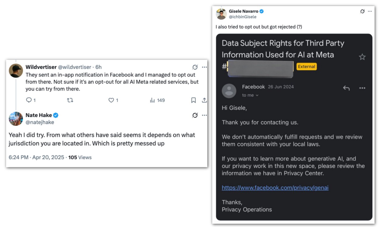 Meta's consent response for AI training.
