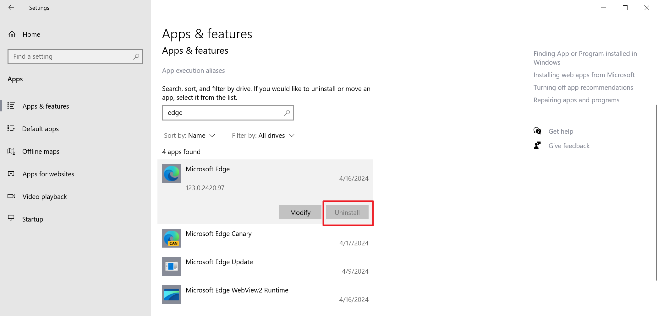 Microsoft Edge no uninstall option