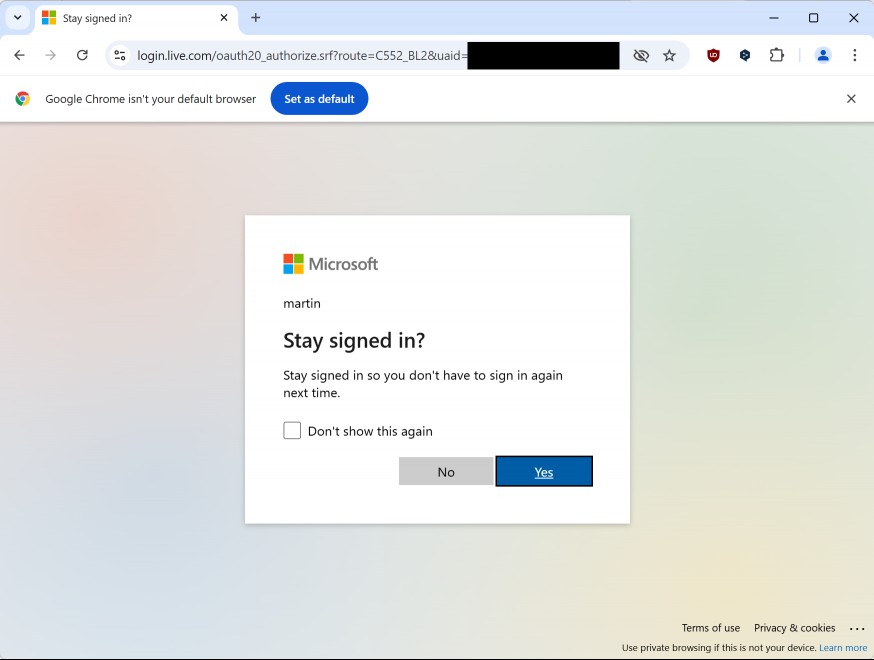 Microsoft Stay Signed In prompt