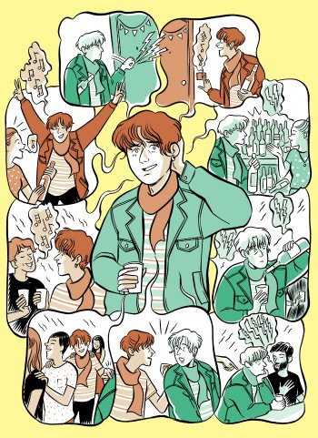 An illustration of a person wearing a scarf and jacket, with several speech bubbles surrounding them, showing how that same person acts differently when speaking different languages.