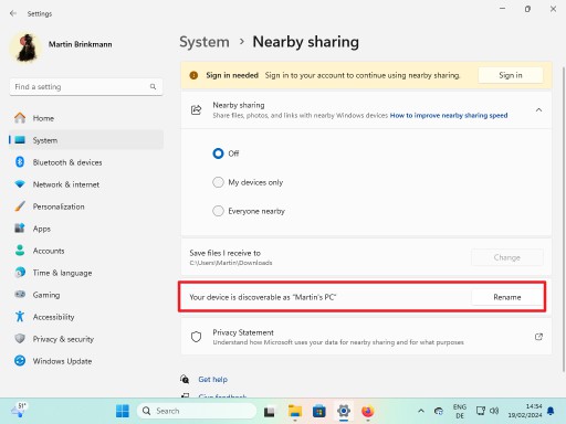 Nearby Sharing rename PC